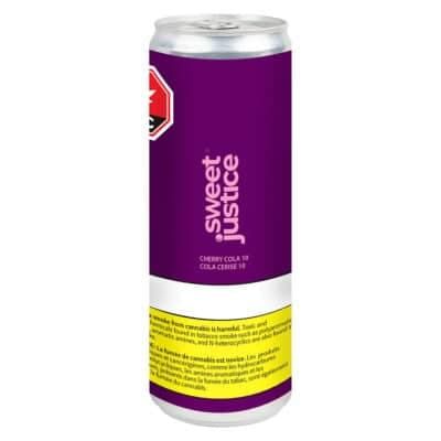 Purple Sweet Justice canned drink with yellow label on a white background