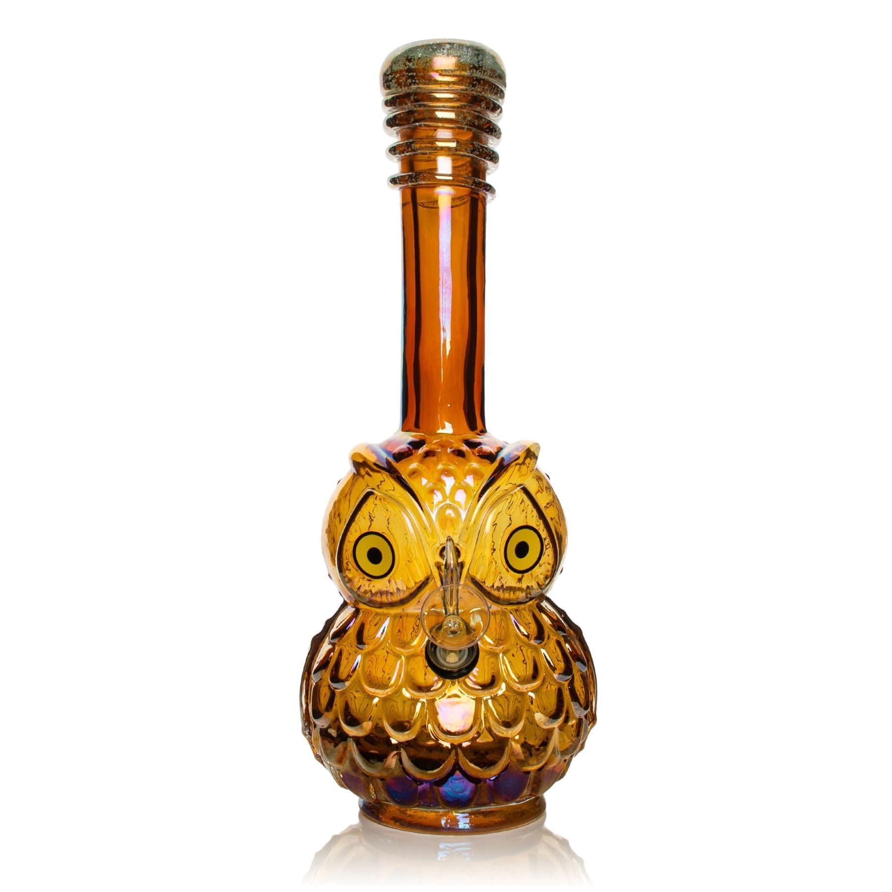 Amber owl-shaped glass bong with a long narrow neck and decorative scalloped body