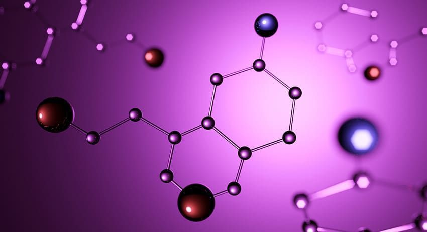 Abstract molecular network with black nodes and purple spheres on a pink-purple gradient background