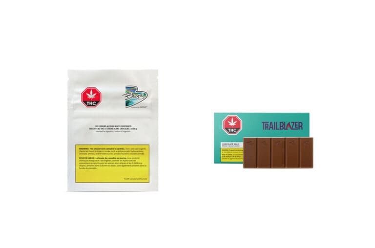 Two product packages on white background, one white pouch and one teal box with brown bars.