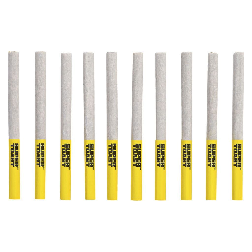 Ten gray-and-yellow chalk sticks lined up on a white background