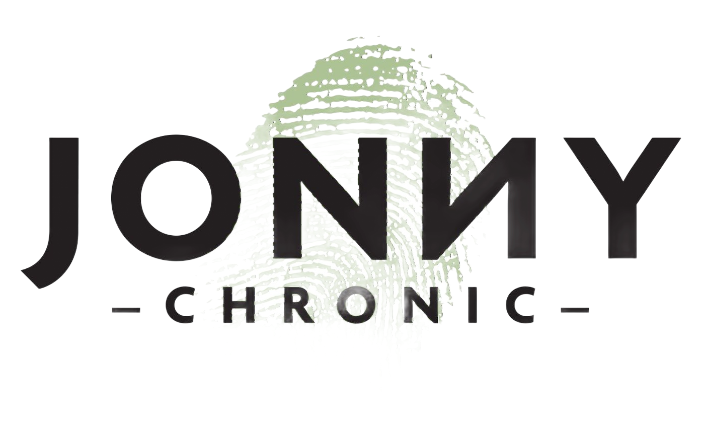 JONNY CHRONIC logo in black text with a pale green cannabis leaf graphic above it.