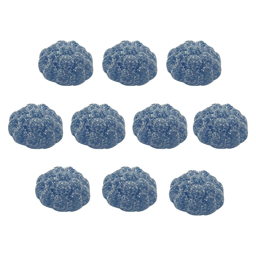 Ten blue, sugar-coated round soft chews arranged in three rows on a white background