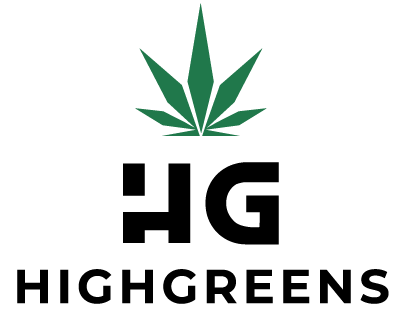 Green cannabis leaf logo above bold black “HG” and “HIGHGREENS” text on white background