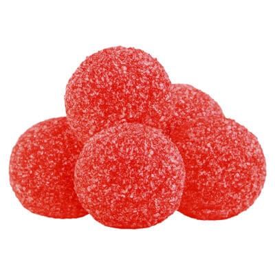 Five red sugar-coated gummy candies stacked on a white background