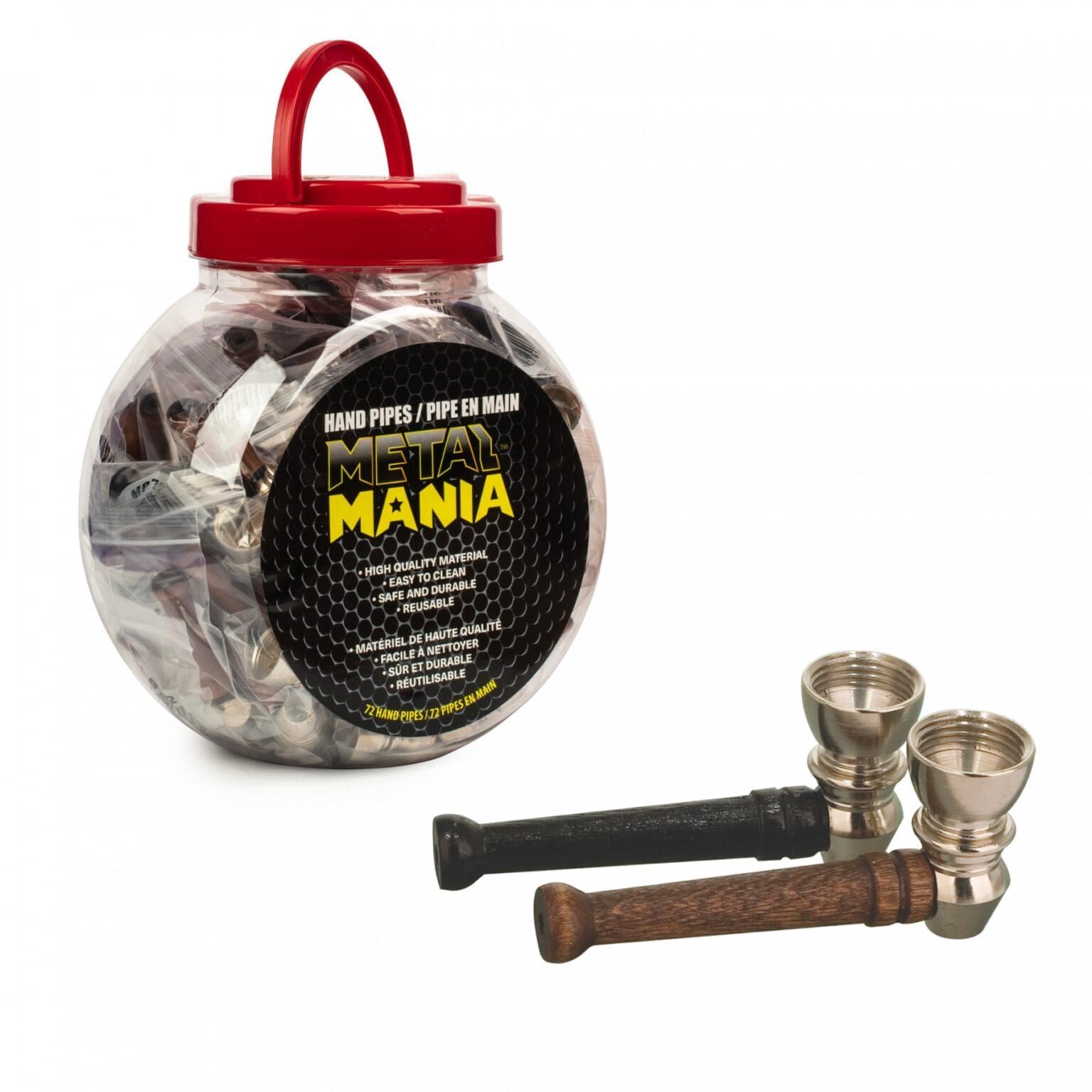 Cannabis pipes set in clear carry case with red handle, plus two black and brown cannabis pipes and metal bowls