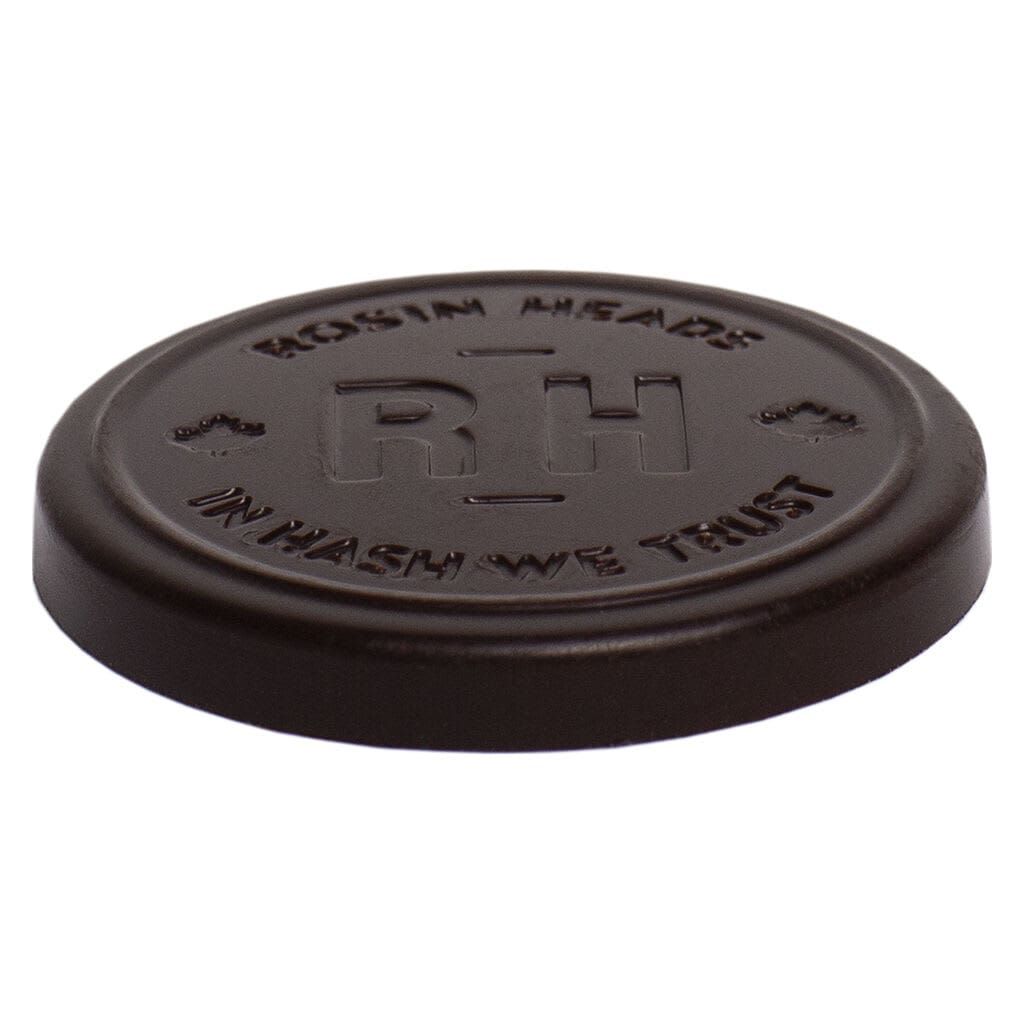 Black round RH pin badge with embossed text, shown on a white background