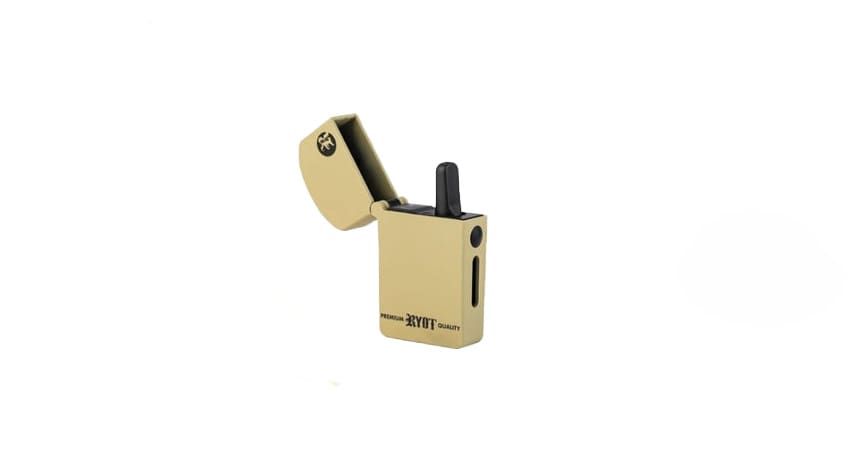 Gold USB lighter with open flip-top lid on a white background