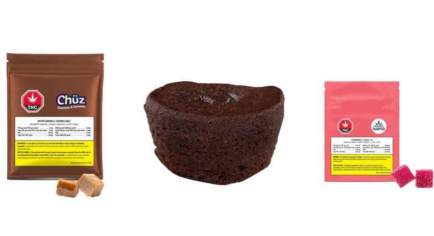 Three packaged snack products displayed: a brown pouch, a chocolate cake, and a pink pouch with berry candies.