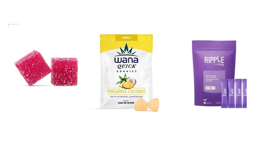 Three supplement packages on white background: pink gummies, yellow white pouch, and purple sachets