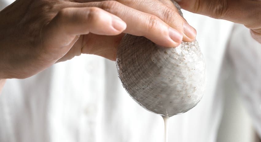Hands squeezing a gray cloth bundle over a bowl, draining liquid