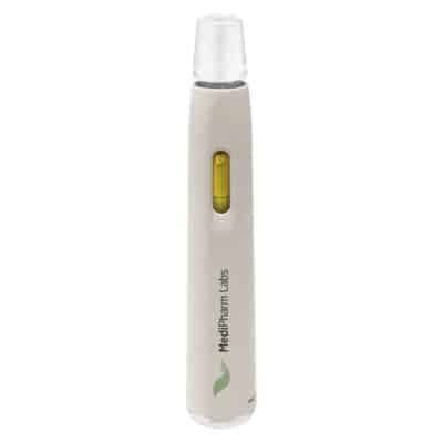 White handheld digital thermometer with a yellow display window and cap.