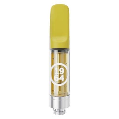 Yellow-capped clear vape pen with silver base and 1964 logo