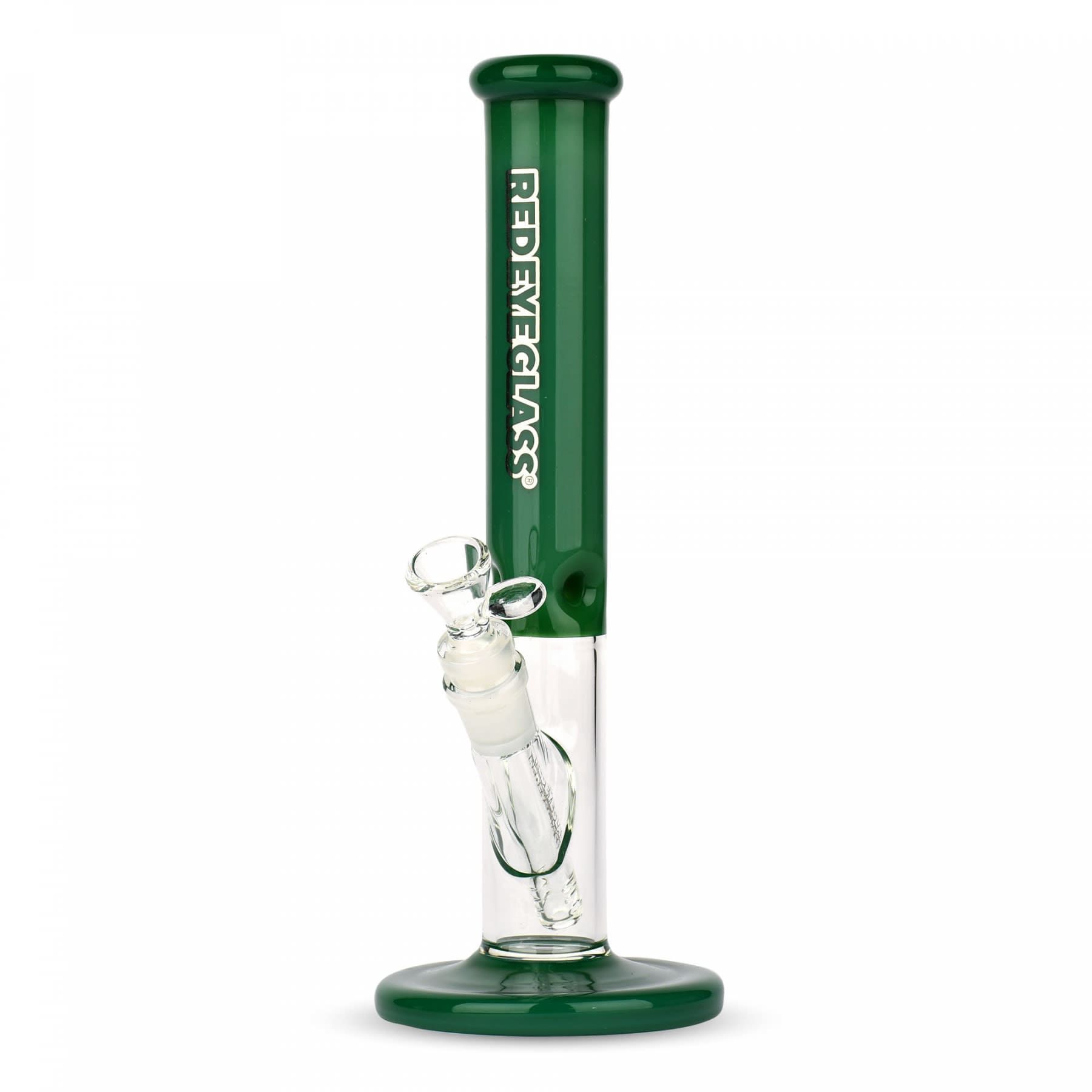 Green glass water bong pipe with a clear base and clear glass mouthpiece on a white background