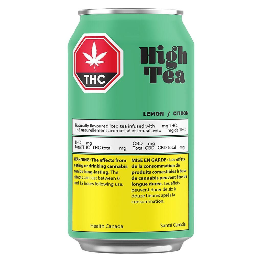 Mint-green cannabis-infused High Tea can with lemon flavor and THC label