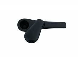 Black earbud-style headset with a single earpiece and attached boom microphone on a white background