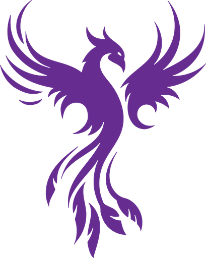 Purple phoenix silhouette with spread wings and flowing tail on a white background