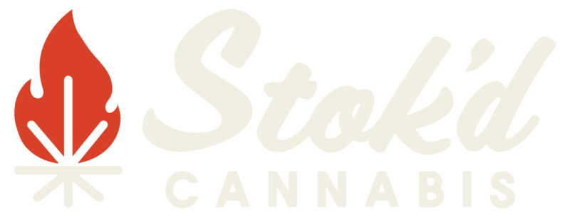 Stoked Cannabis logo with a red leaf icon and beige text on a white background