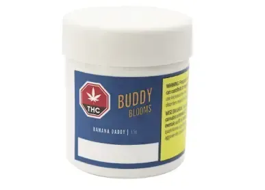 White jar of THO Buddy Bloom with blue and yellow label