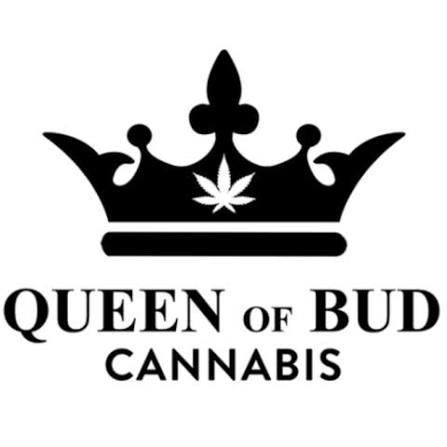 Black crown with cannabis leaf logo and text “QUEEN OF BUD CANNABIS” on white background