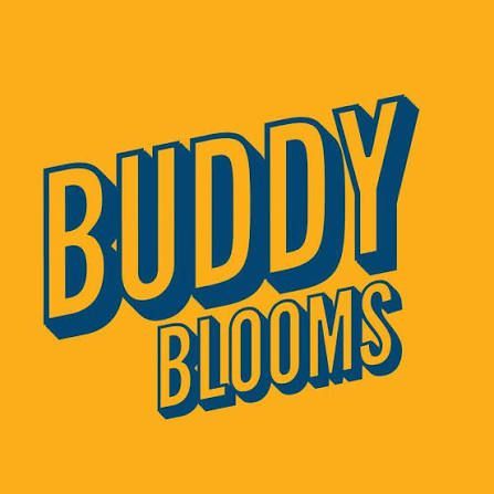 Stylized blue and yellow “BUDDY BLOOMS” text on an orange background