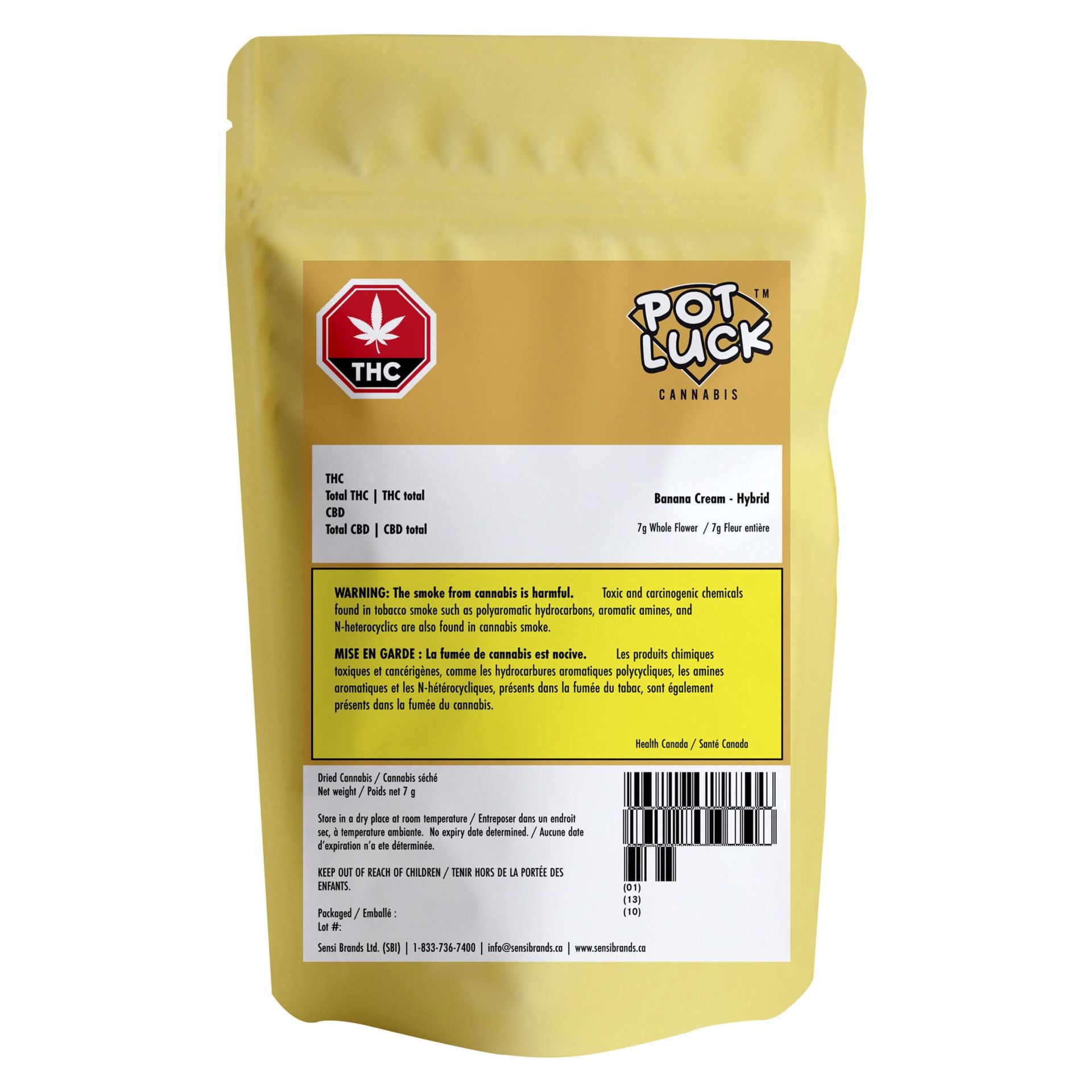 Yellow Potluck THC pouch with white and black label and barcode on front