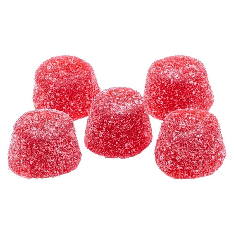 Five red sugar-coated gummy candies on a white background