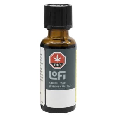Small amber glass bottle labeled “Lofi” with THC/cannabis leaf logo and black cap.