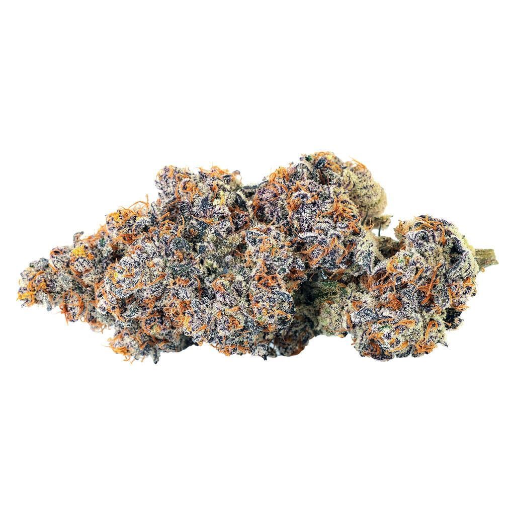 Close-up of a frosty cannabis bud with orange and purple specks on a white background