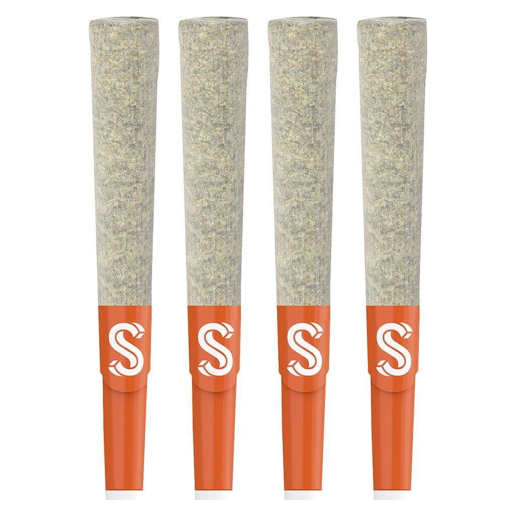 Four orange and gray glitter makeup pens standing upright on a white background