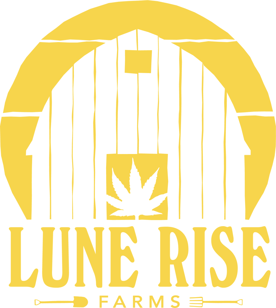 Yellow logo with sun, gate bars, and leaf icon above the words “LUNE RISE FARMS”