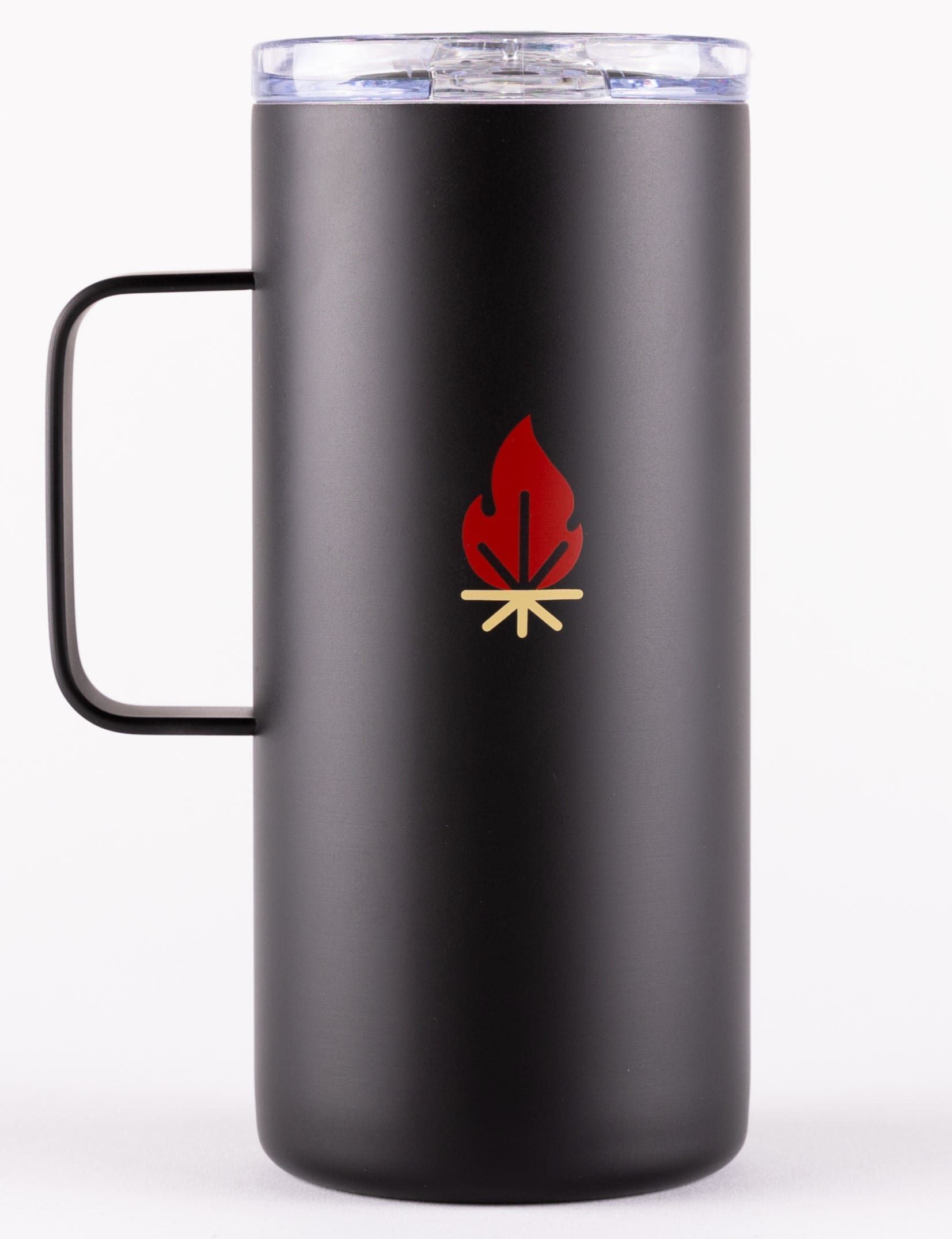 Black insulated travel mug with handle and red campfire logo on the front
