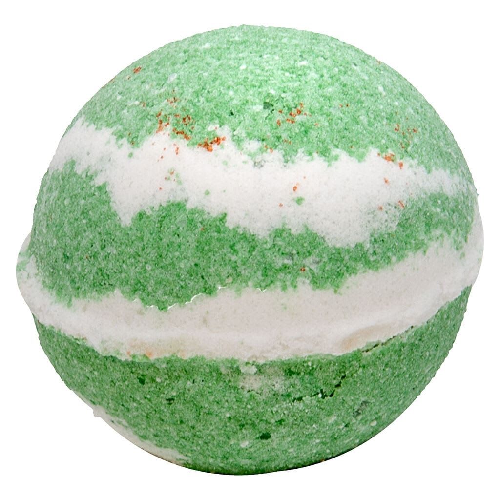 Green-and-white striped spherical bath bomb with a few orange specks on a white background