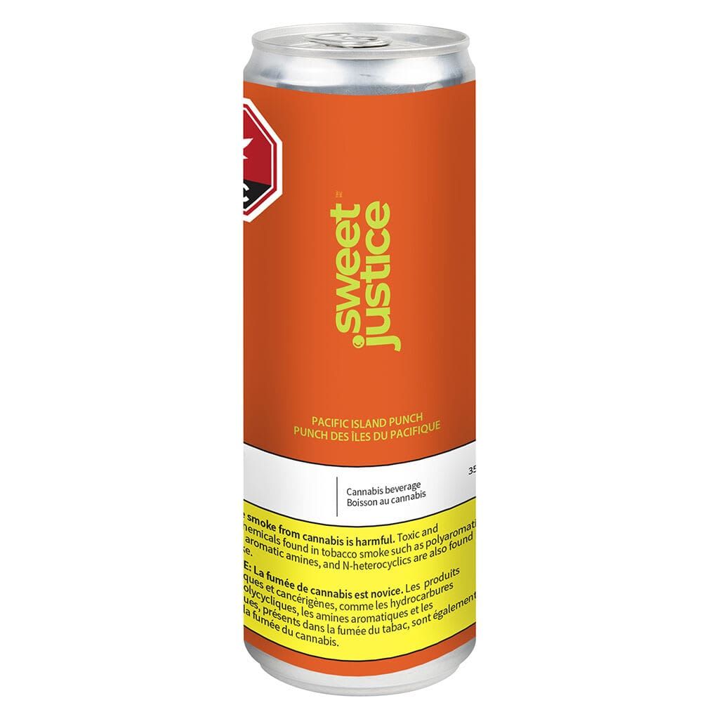Orange “Sweet Justice” canned drink with yellow label text and silver top