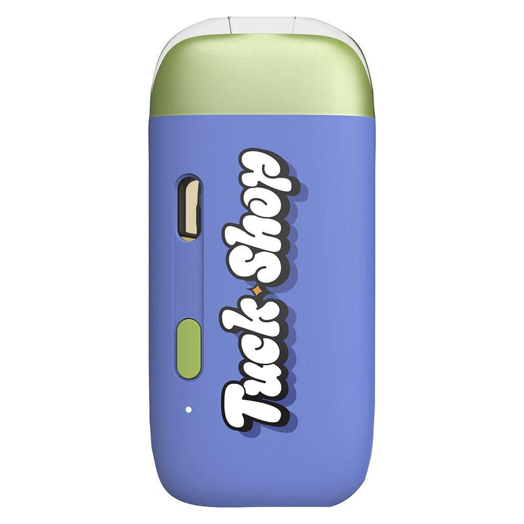 Blue and green rounded rectangle cannabis vape with green button and glass window with cannabis concentrate