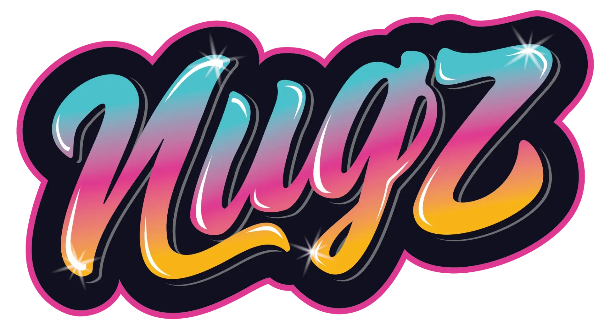 Stylized “Nugz” graffiti text in teal, pink, orange, and black with sparkles on a white background