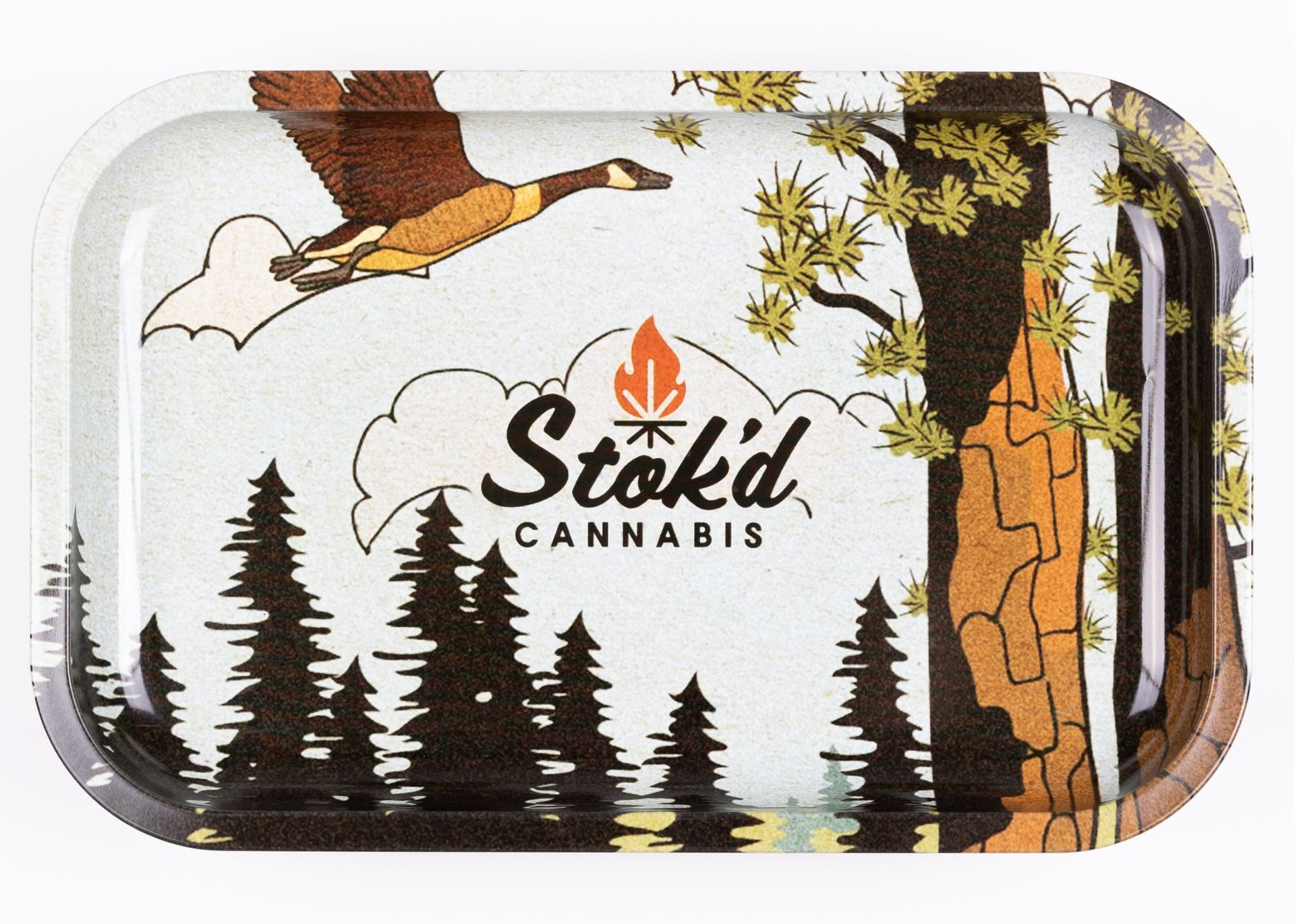 Stok'd cannabis rolling tray with forest and cliff artwork, featuring a flying goose over pine trees and clouds