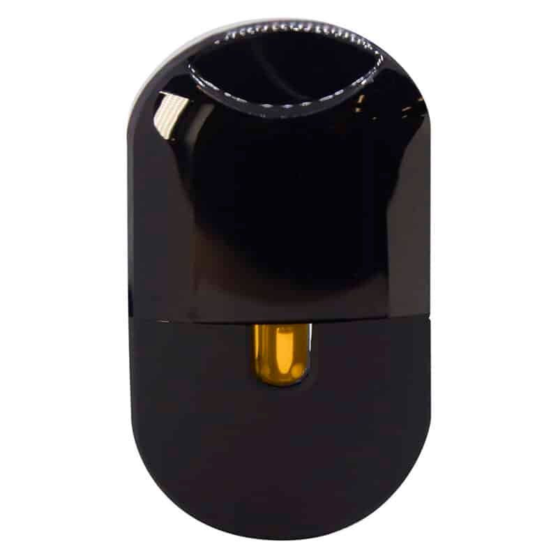 Black capsule-shaped device with a glossy top and amber window on a white background