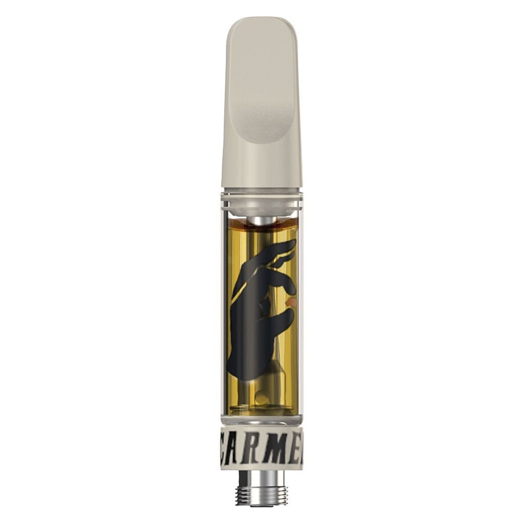 Small clear glass cannabis vape cartridge with beige mouthpiece and a black animal graphic on yellow liquid inside
