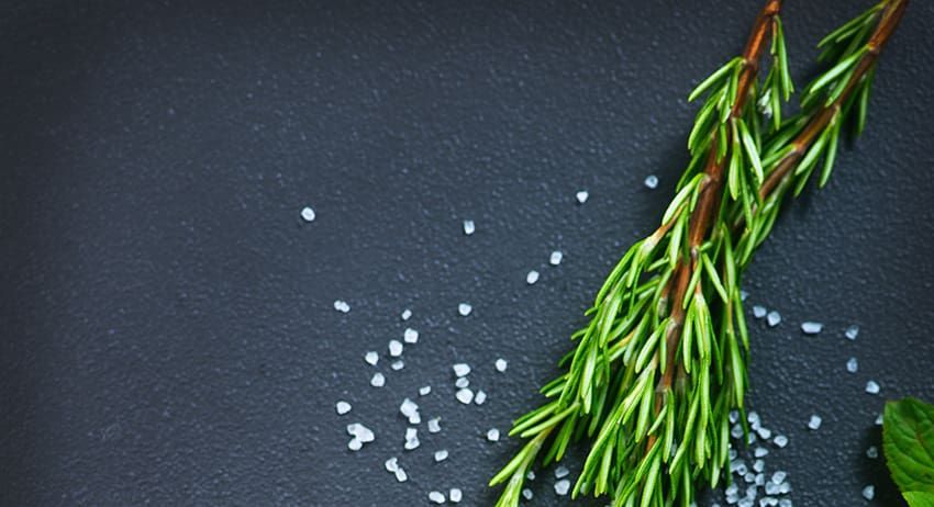 Green herb sprigs and scattered salt crystals on a dark textured surface