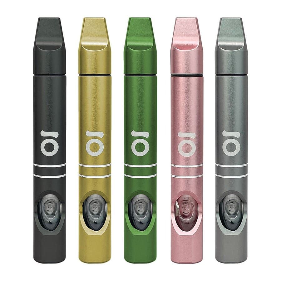 Five colorful vape devices standing upright: black, gold, green, pink, and gray.