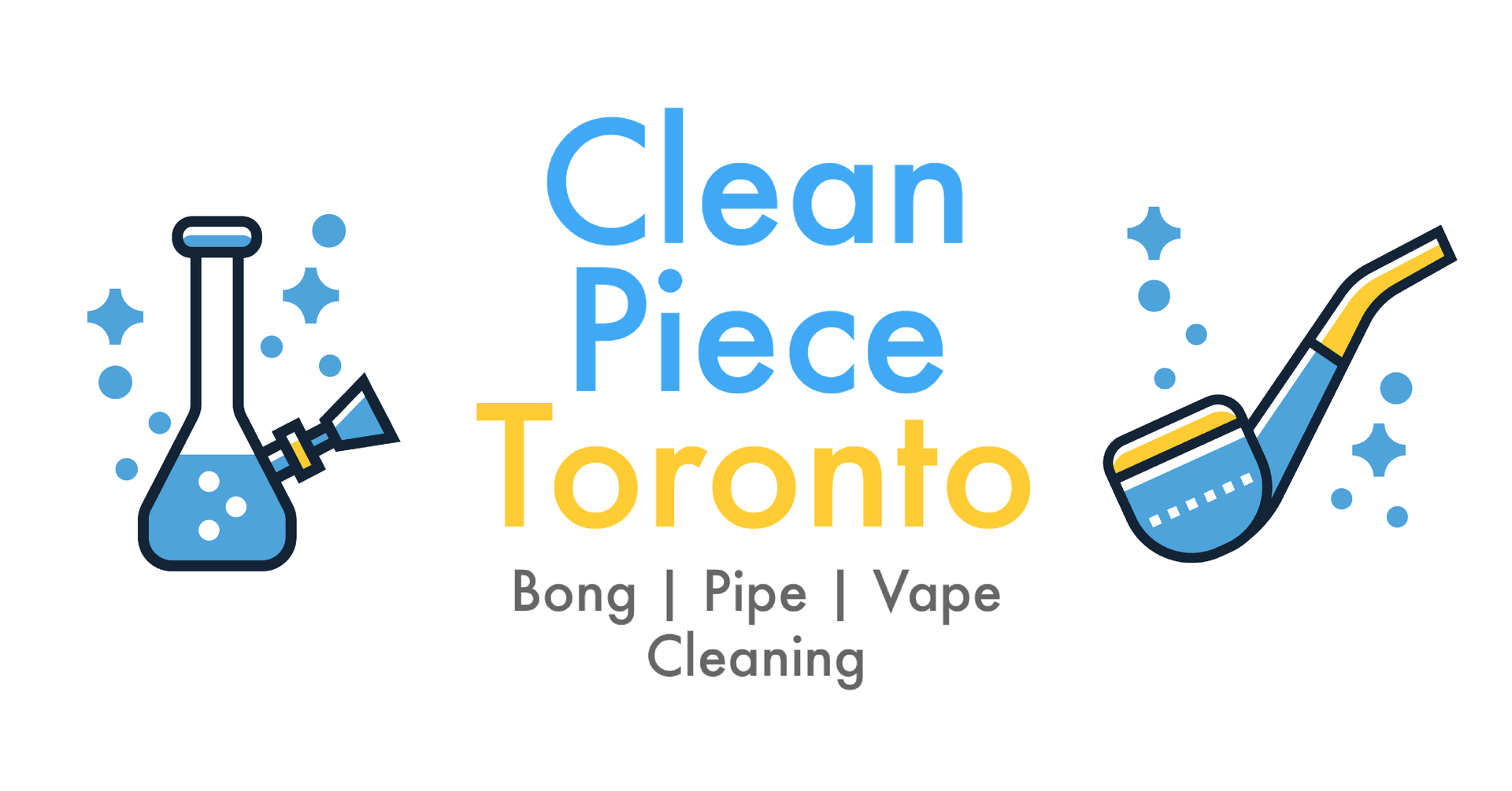 Clean Piece Toronto logo with bong, pipe and vape cleaning text, blue and yellow icons