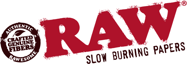 RAW slow burning papers logo with red “RAW” text and a small circular “Athentic Crafted Genuine Fibers” seal