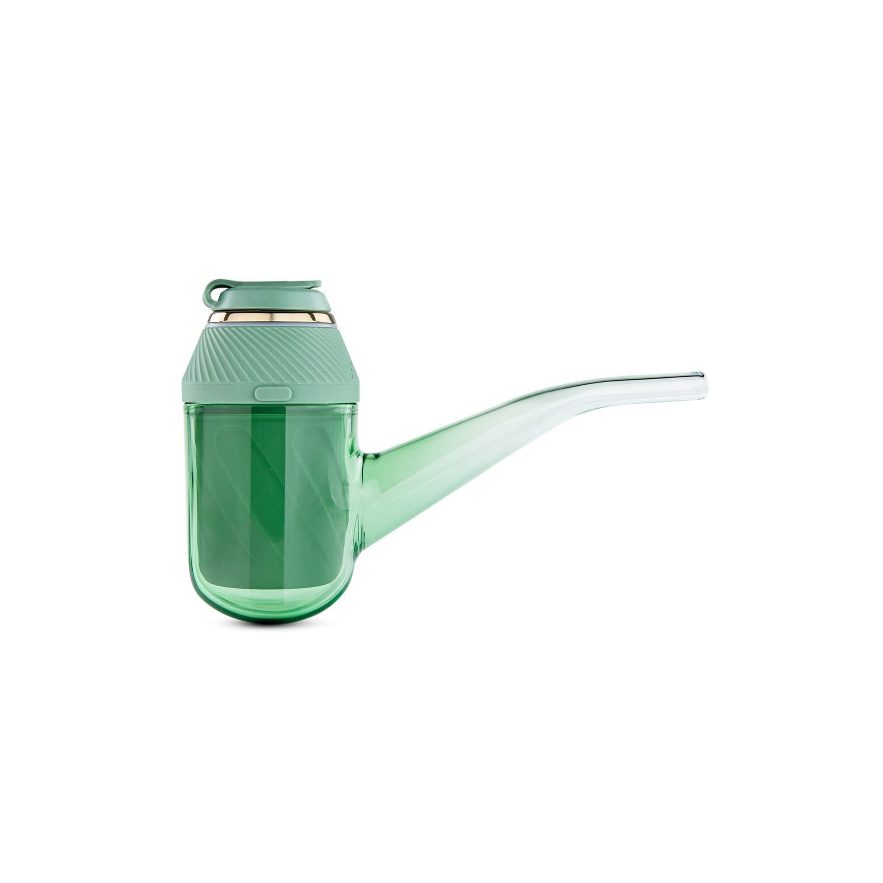 Green glass cannabis pipe vaporizer with a long curved spout on a white background