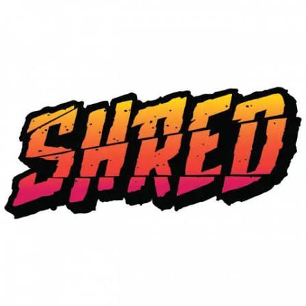Stylized word “SHRED” in orange-to-pink gradient with black outline on a white background