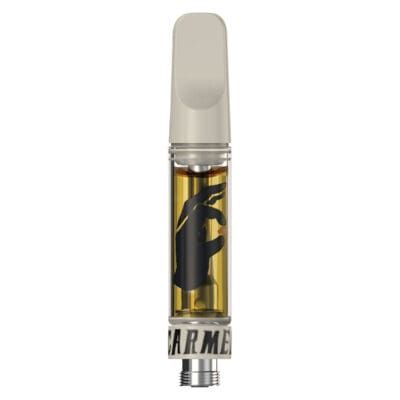 Clear vape cartridge with black-and-gold label and gray cap on white background
