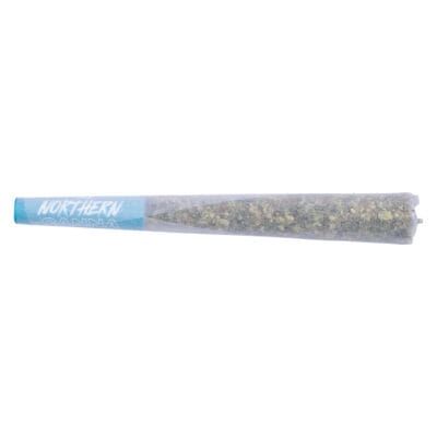 Clear plastic cannabis joint with blue “NORTHERN” label on a white background