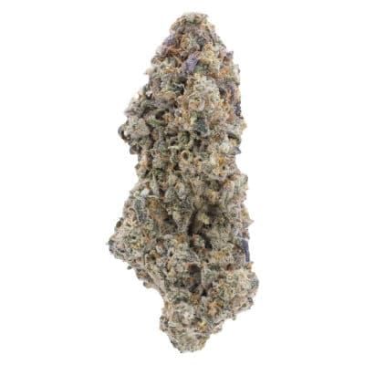 Close-up of a cannabis bud with frosty green and purple tones on a white background