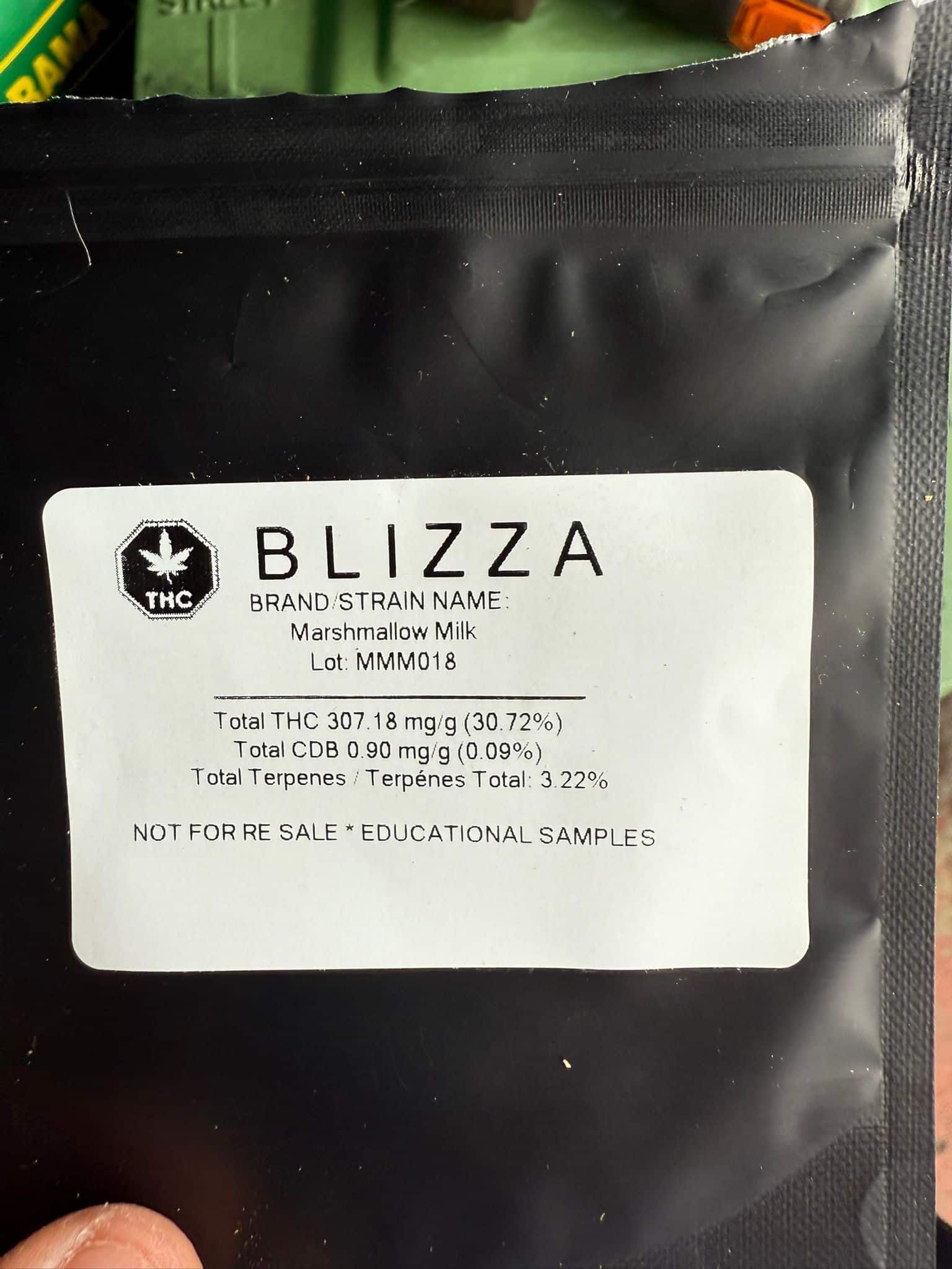 Black Blizza product package with a white label on a dark background