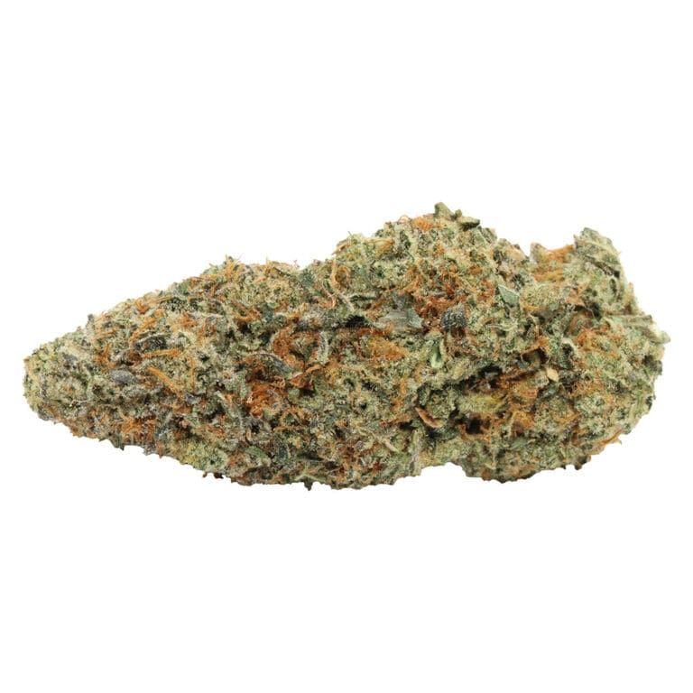 Close-up of a cannabis bud with green and orange hues on a white background